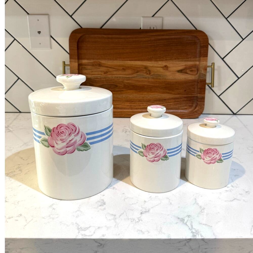 vintage style ceramic canister set made in Japan Peony & Stripes 80s cottage